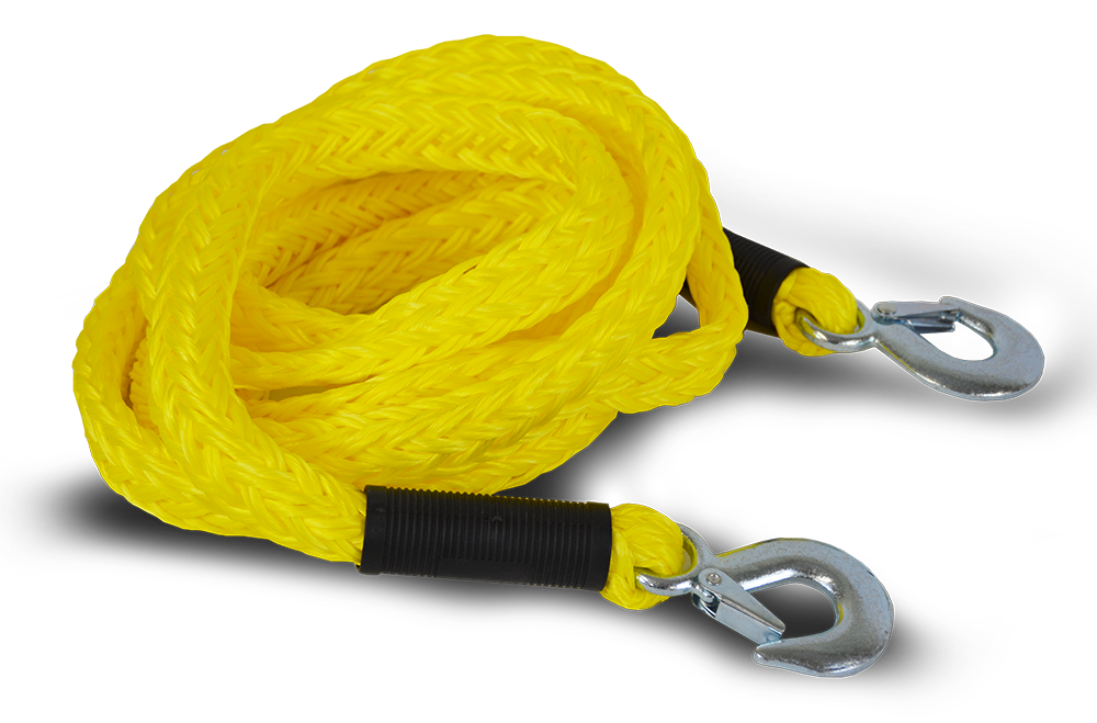 Grip 14' x 7/8 Diamond Braided Tow Rope with Hooks - Polypropylene - Zinc  Plated Steel Clevis Slip Hooks - 8500 Pound Breaking Capacity - Emergency